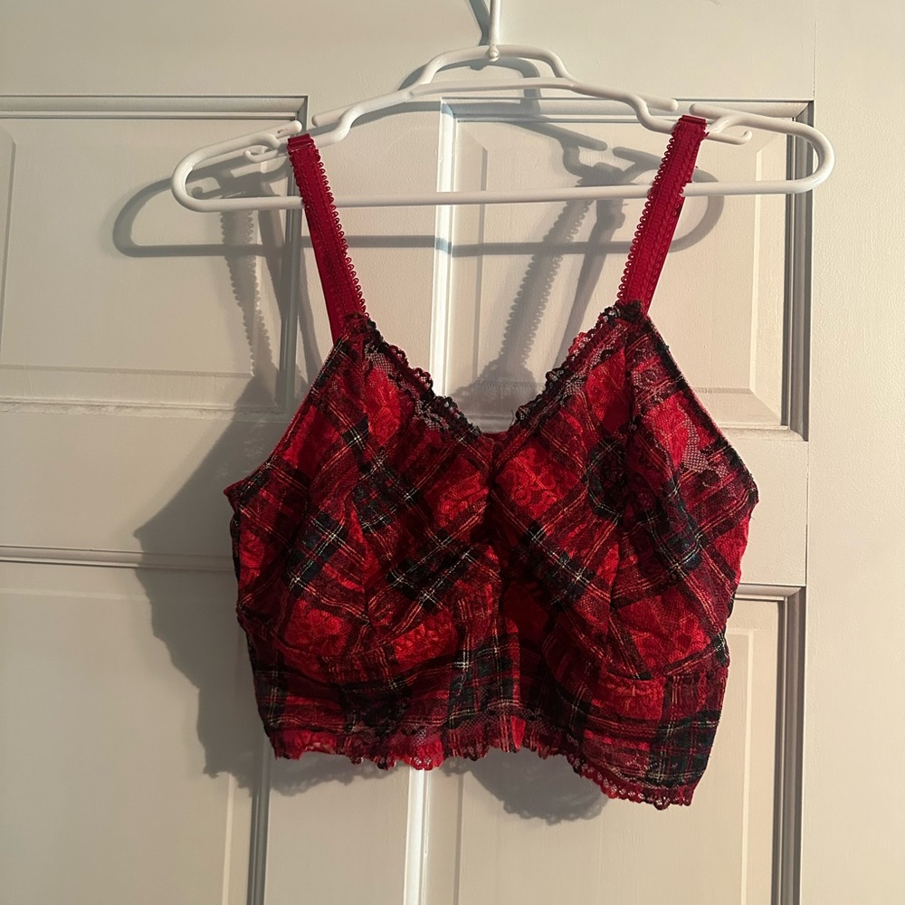 NWOT Red Tartan Plaid Unlined Lace Wireless Crop Bralette